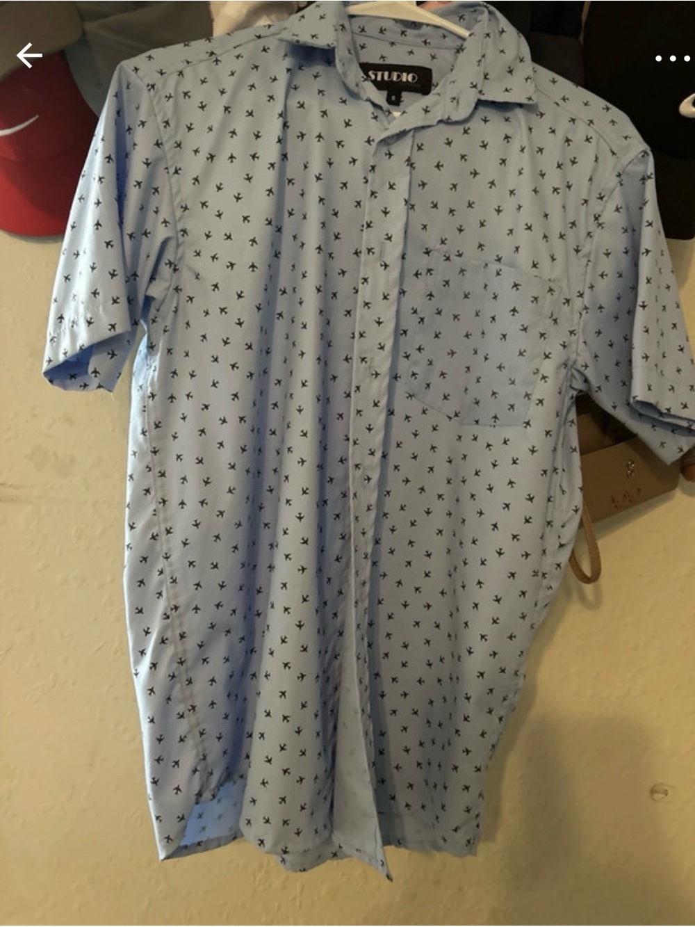 Studio Light Blue Short-Sleeve Button-Down Shirt with Navy Micro Print